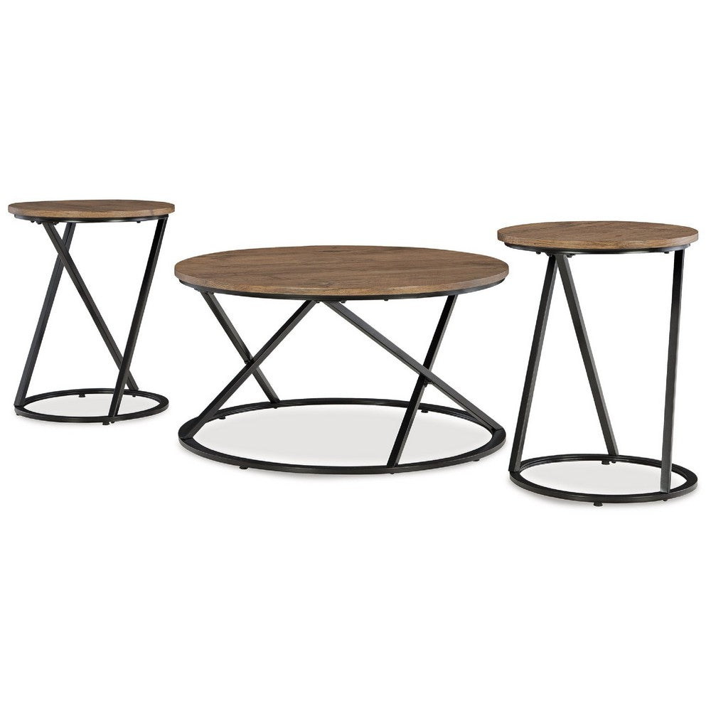 Kai 3pc Living Room Occasional Table Set, Round, Black Metal Angled Frame - BM348588