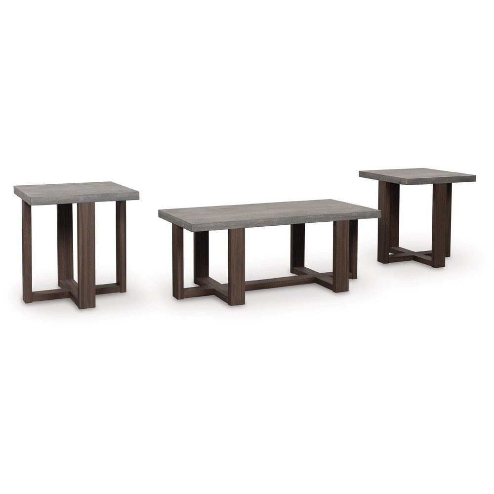 Eaim 3pc Occasional Table Set, Gray Faux Stone Pattern Top, Brown Frame - BM348590