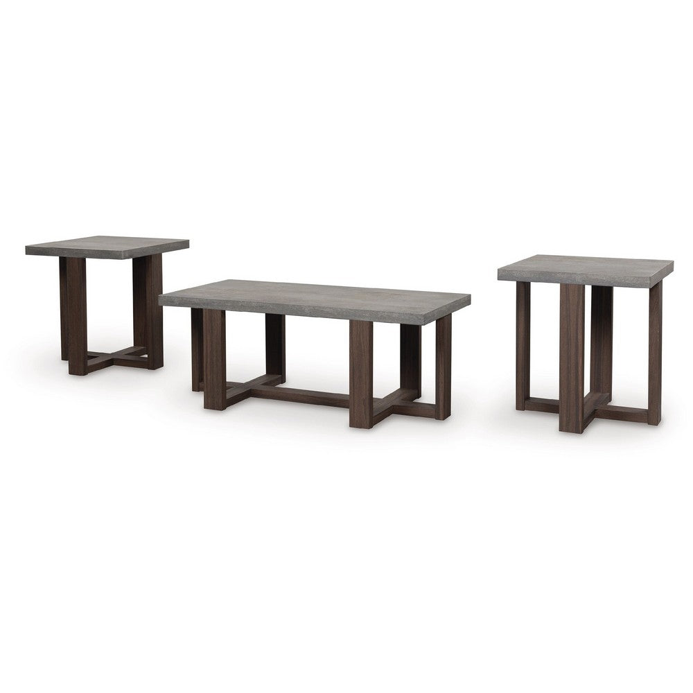 Eaim 3pc Occasional Table Set, Gray Faux Stone Pattern Top, Brown Frame - BM348590