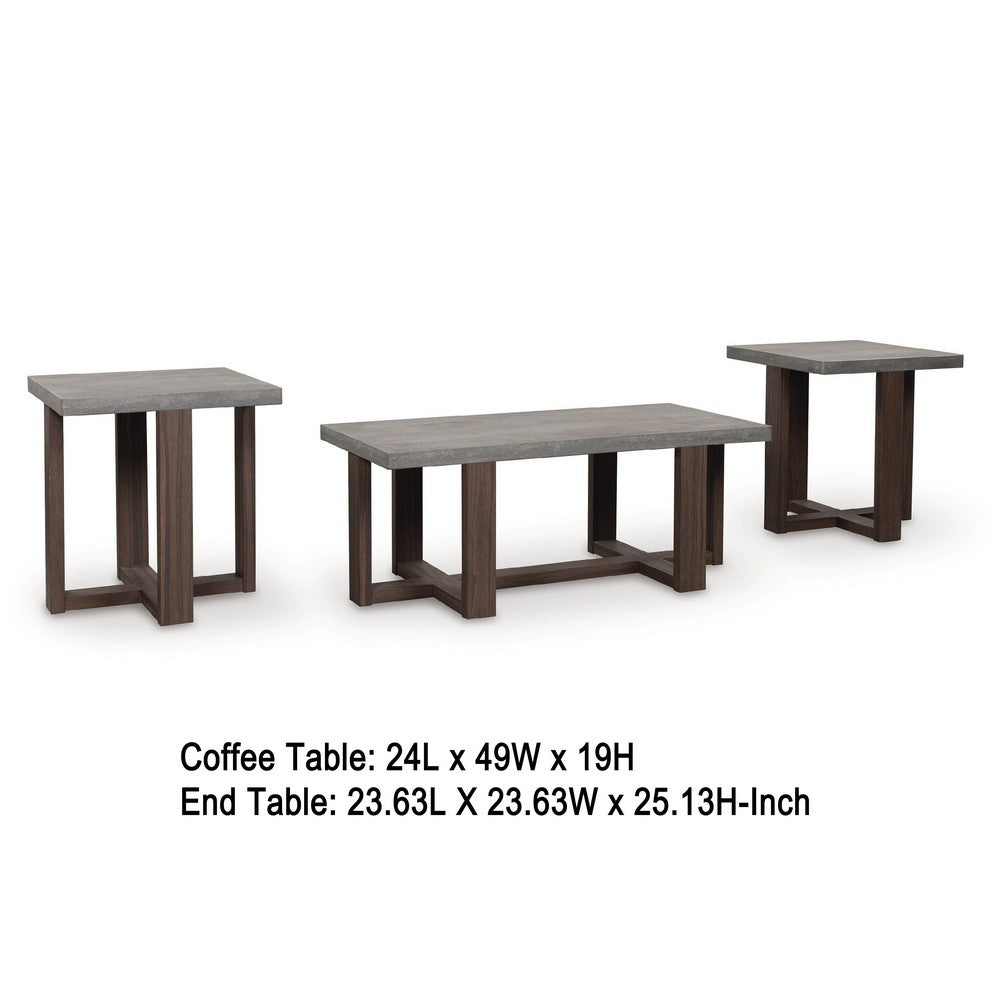 Eaim 3pc Occasional Table Set, Gray Faux Stone Pattern Top, Brown Frame - BM348590