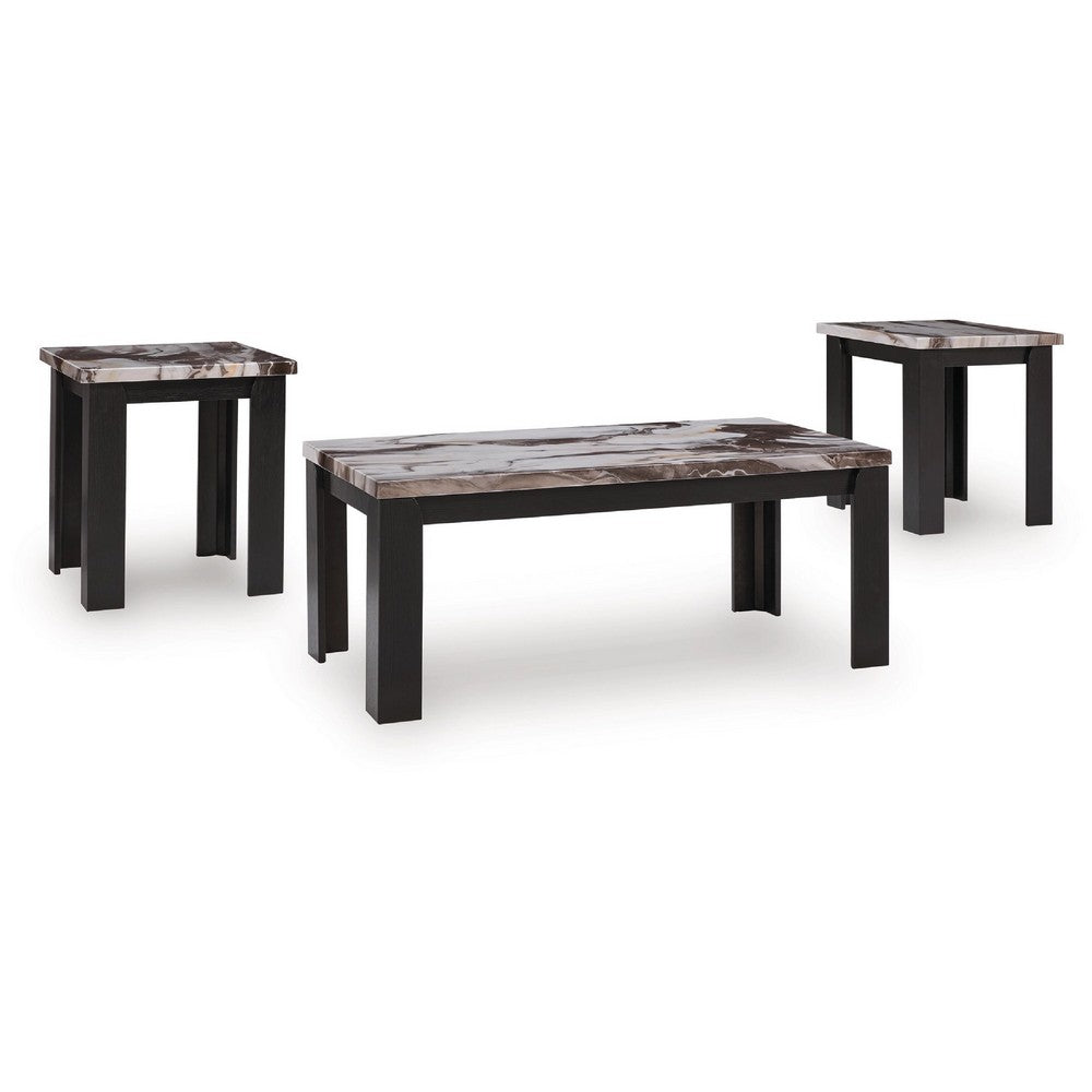 Poim 3pc Occasional Coffee and End Table Set, White Brown Faux Marble Top - BM348595