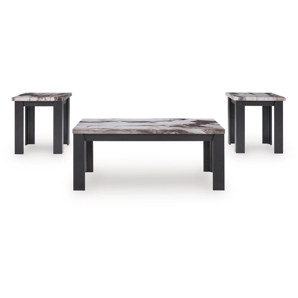 Poim 3pc Occasional Coffee and End Table Set, White Brown Faux Marble Top - BM348595