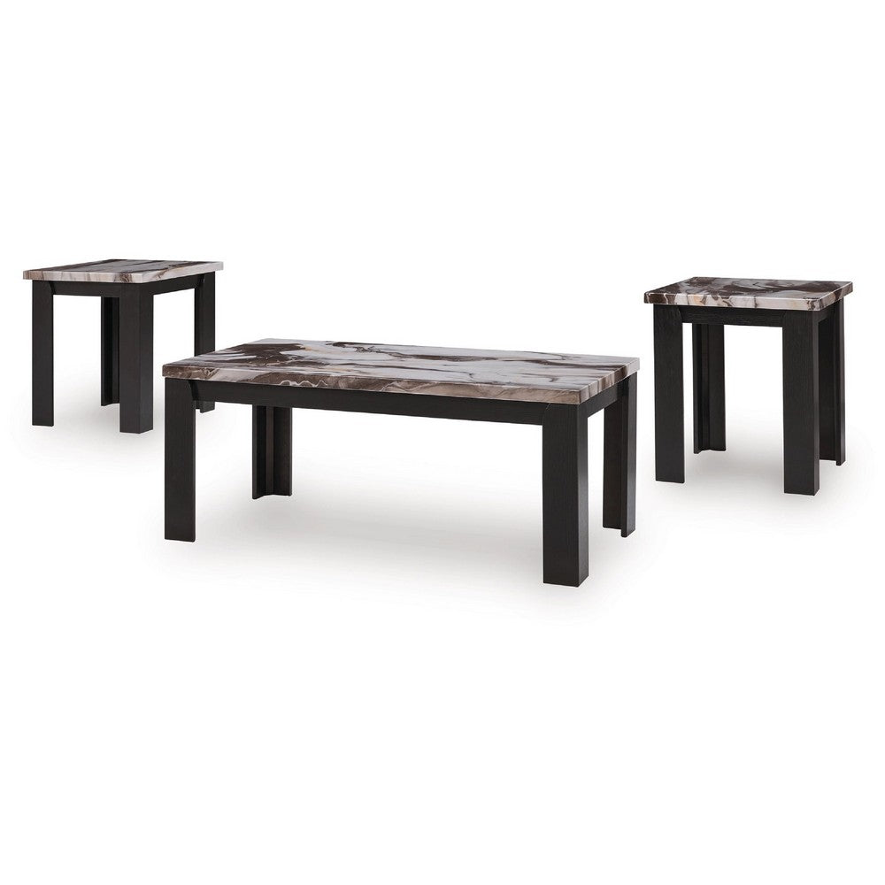Poim 3pc Occasional Coffee and End Table Set, White Brown Faux Marble Top - BM348595