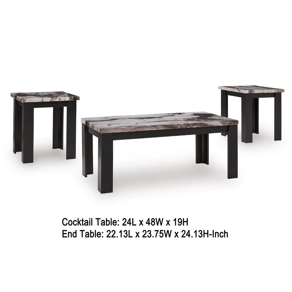 Poim 3pc Occasional Coffee and End Table Set, White Brown Faux Marble Top - BM348595