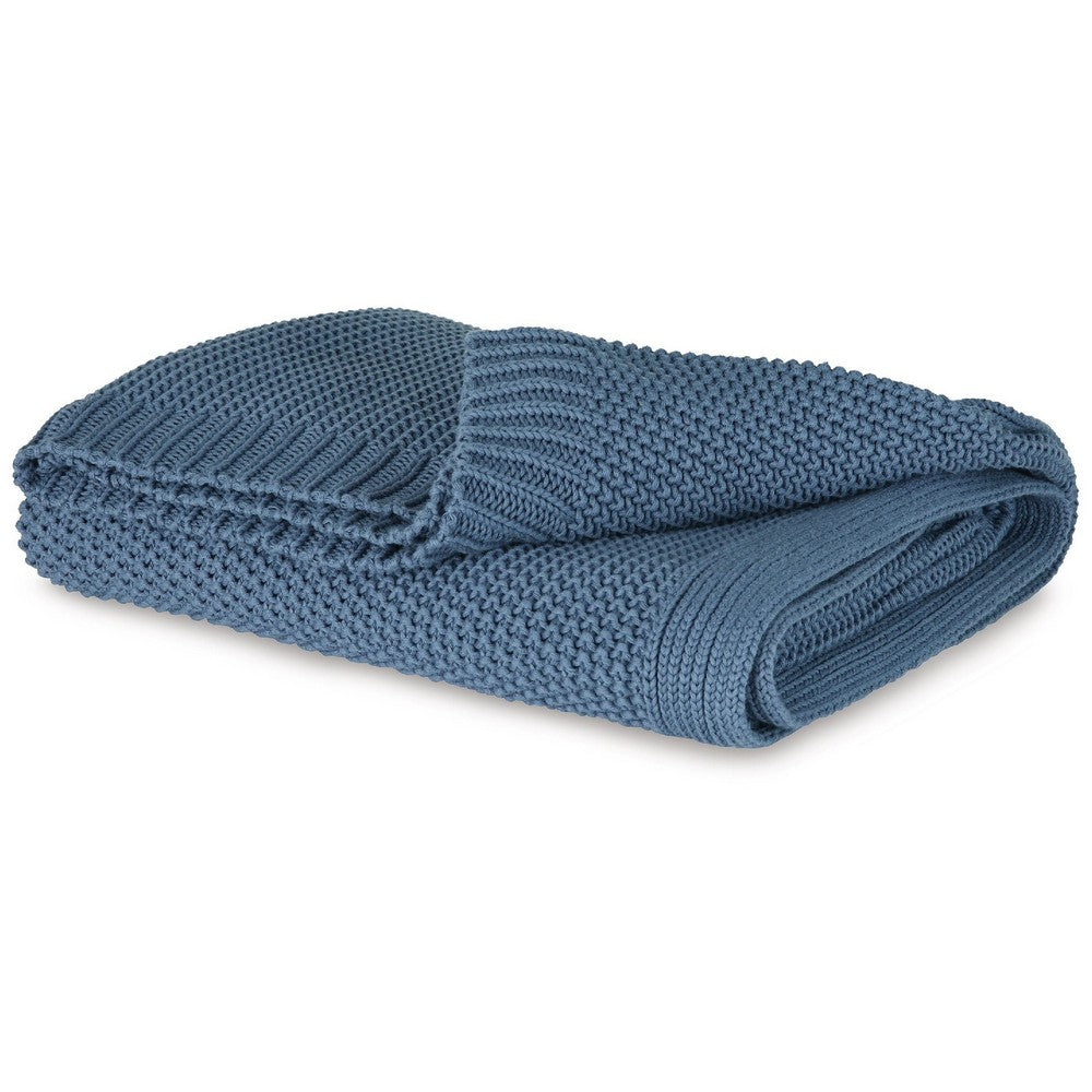 70 x 54 Leri Throw Blanket, Set of 3, Machine Knitted Blue Cotton - BM348596