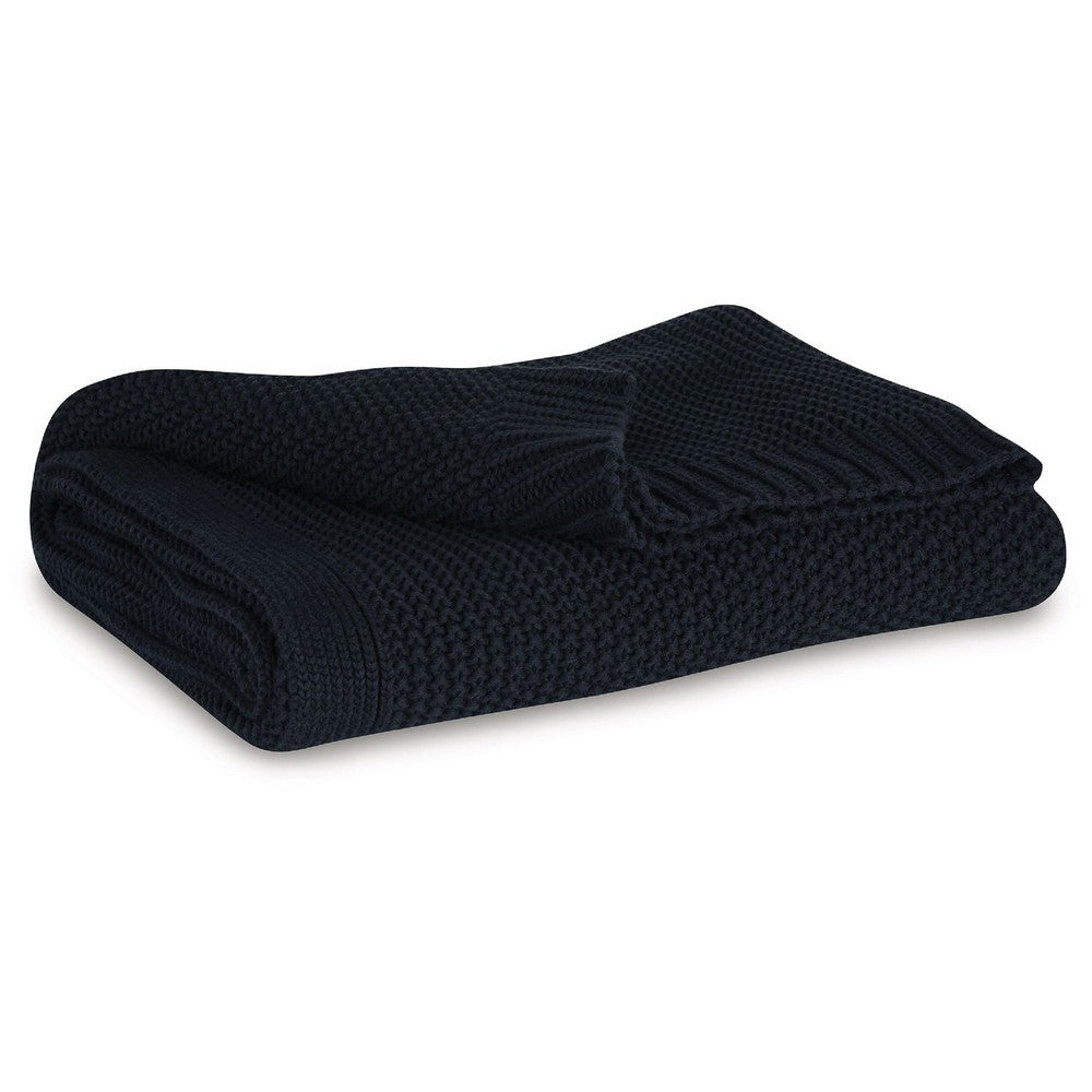 70 x 54 Leri Throw Blanket, Set of 3, Machine Knitted Black Cotton - BM348598