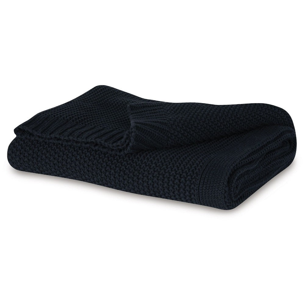 70 x 54 Leri Throw Blanket, Set of 3, Machine Knitted Black Cotton - BM348598