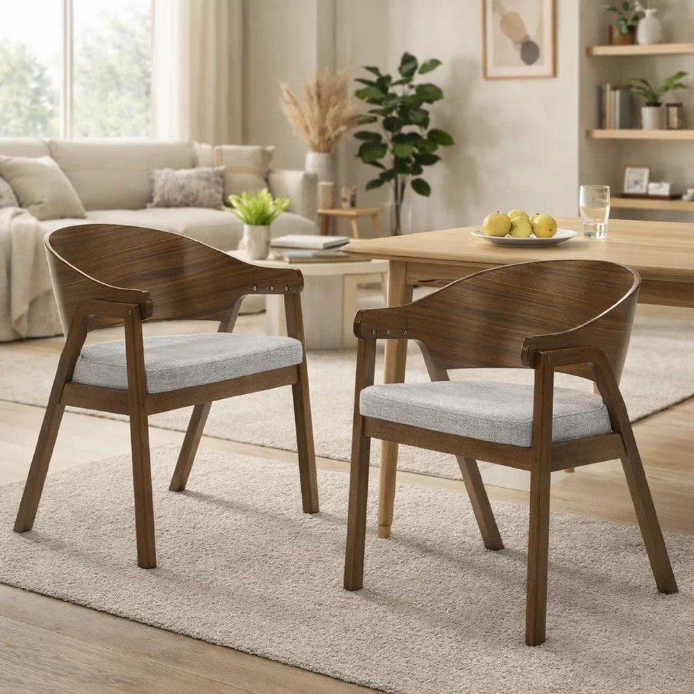 Lery Armchair Set of 2, Curved Walnut Brown Wood Back, Padded Seat - BM348729
