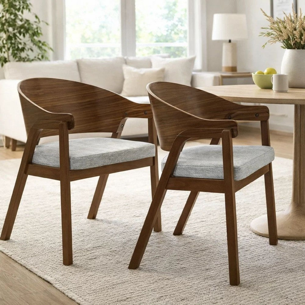 Lery Armchair Set of 2, Curved Walnut Brown Wood Back, Padded Seat - BM348729
