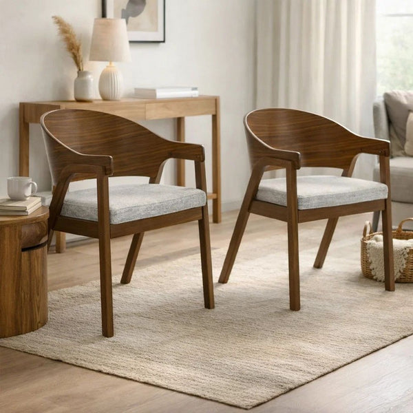 Lery Armchair Set of 2, Curved Walnut Brown Wood Back, Padded Seat - BM348729