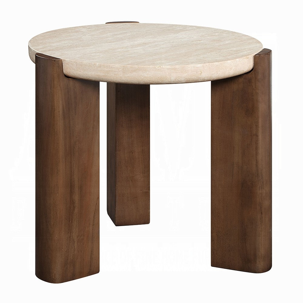 Hery Side End Table, 22 Inch Round Travertine Top, Dark Oak Brown Legs - BM348731