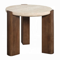 Hery Side End Table, 22 Inch Round Travertine Top, Dark Oak Brown Legs - BM348731