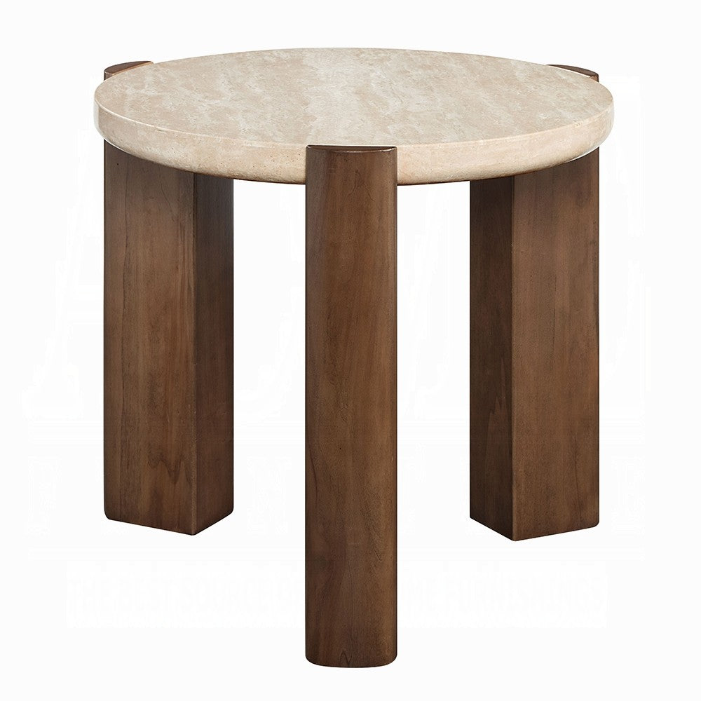 Hery Side End Table, 22 Inch Round Travertine Top, Dark Oak Brown Legs - BM348731