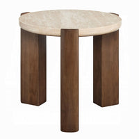 Hery Side End Table, 22 Inch Round Travertine Top, Dark Oak Brown Legs - BM348731
