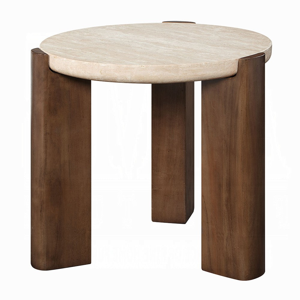 Hery Side End Table, 22 Inch Round Travertine Top, Dark Oak Brown Legs - BM348731