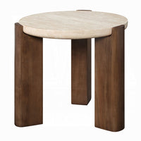 Hery Side End Table, 22 Inch Round Travertine Top, Dark Oak Brown Legs - BM348731
