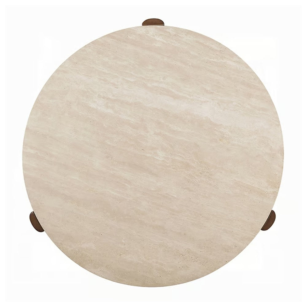 Hery Side End Table, 22 Inch Round Travertine Top, Dark Oak Brown Legs - BM348731