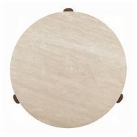Hery Side End Table, 22 Inch Round Travertine Top, Dark Oak Brown Legs - BM348731