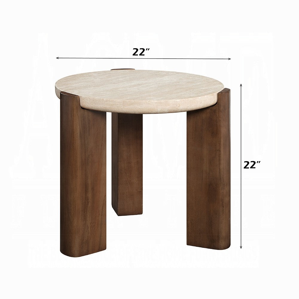 Hery Side End Table, 22 Inch Round Travertine Top, Dark Oak Brown Legs - BM348731