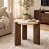 Hery Side End Table, 22 Inch Round Travertine Top, Dark Oak Brown Legs - BM348731