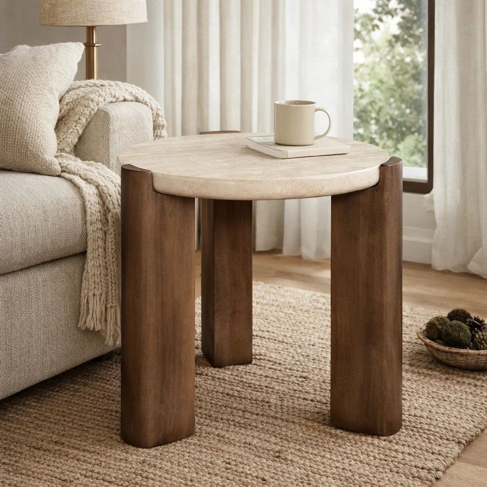 Hery Side End Table, 22 Inch Round Travertine Top, Dark Oak Brown Legs - BM348731