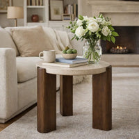 Hery Side End Table, 22 Inch Round Travertine Top, Dark Oak Brown Legs - BM348731