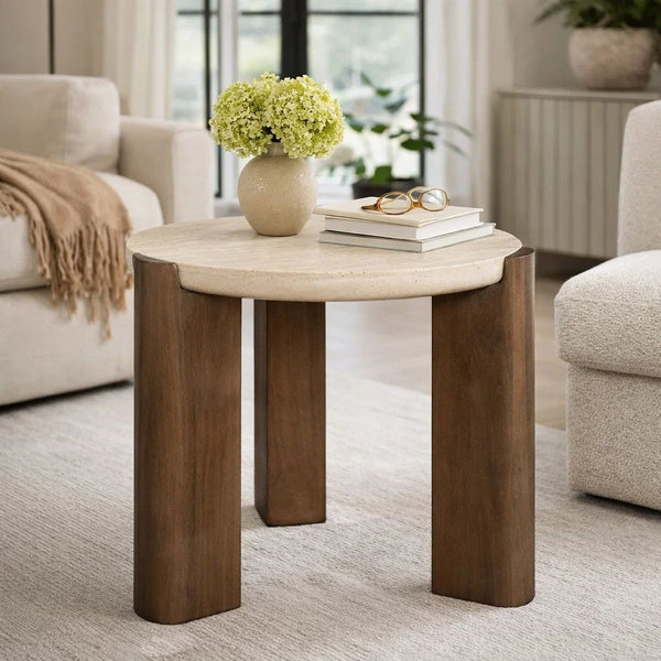 Hery Side End Table, 22 Inch Round Travertine Top, Dark Oak Brown Legs - BM348731