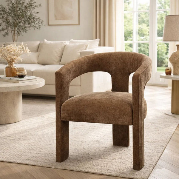Hery Armchair Set of 2, Curved Padded Backrest and Seat, Brown Linen - BM348732