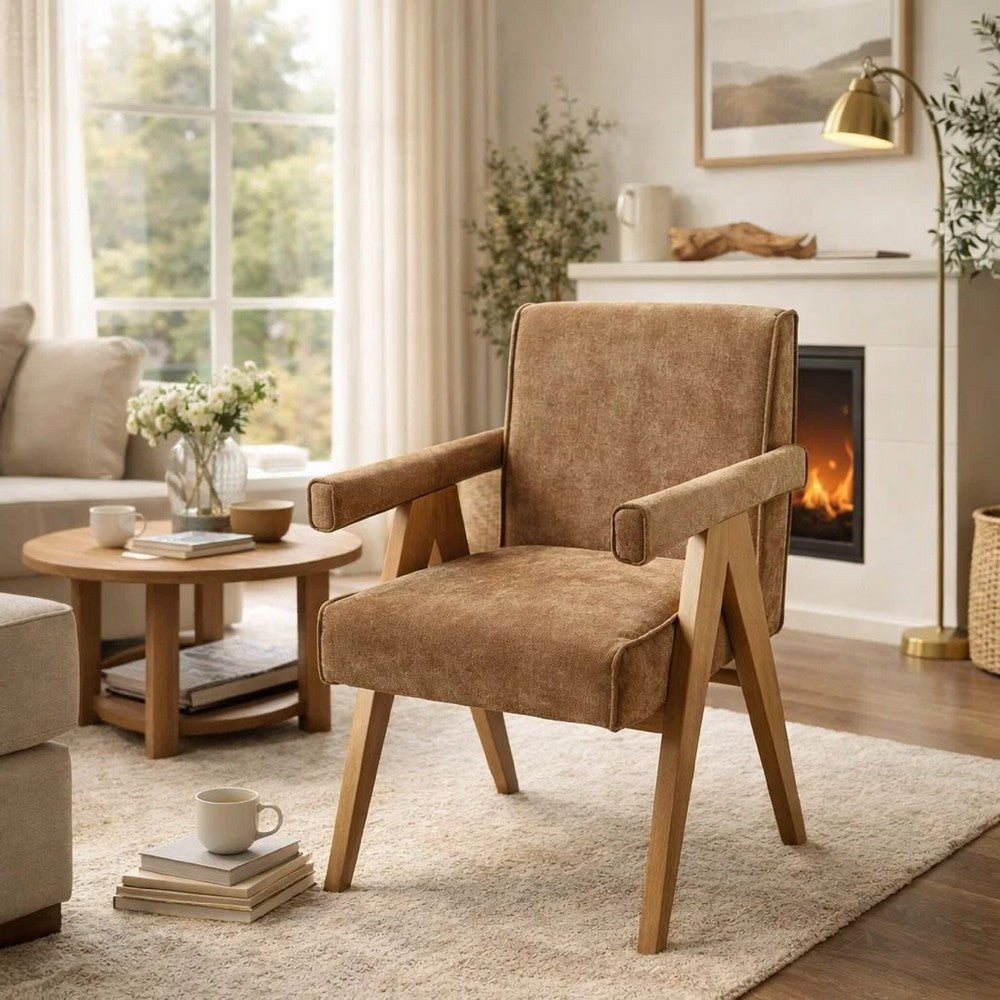 Sery Armchair Set of 2, Chocolate Brown Chenille Seat, Wood Legs - BM348735