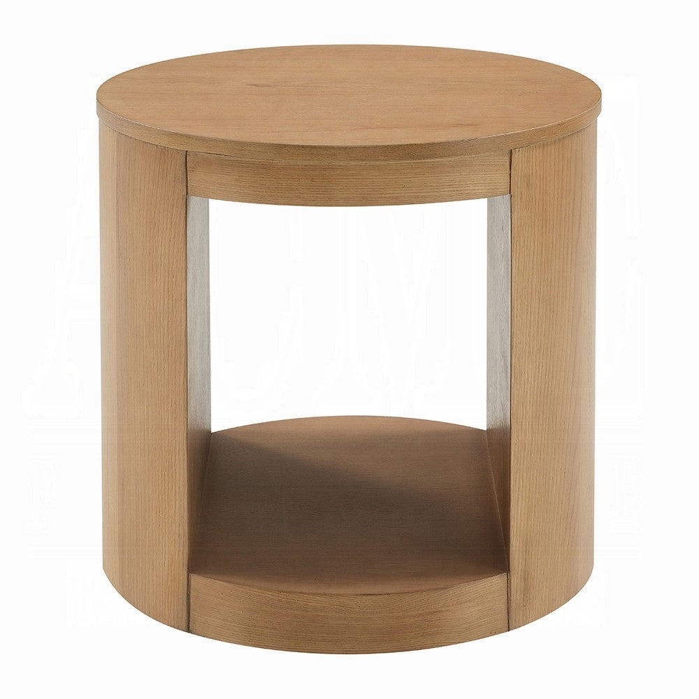 Sery Side End Table, 22 Inch Round Top with Open Lower Shelf, Oak Brown  - BM348740