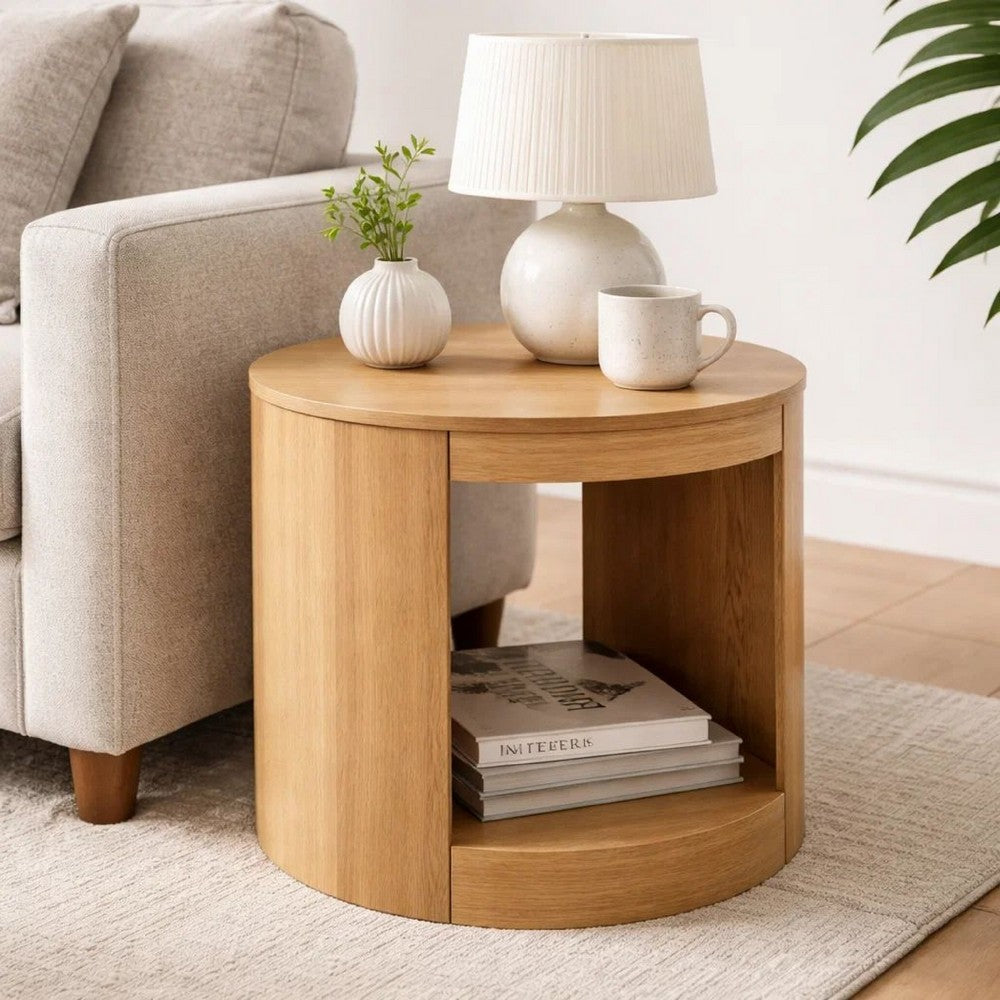 Sery Side End Table, 22 Inch Round Top with Open Lower Shelf, Oak Brown  - BM348740