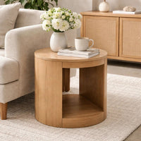 Sery Side End Table, 22 Inch Round Top with Open Lower Shelf, Oak Brown  - BM348740