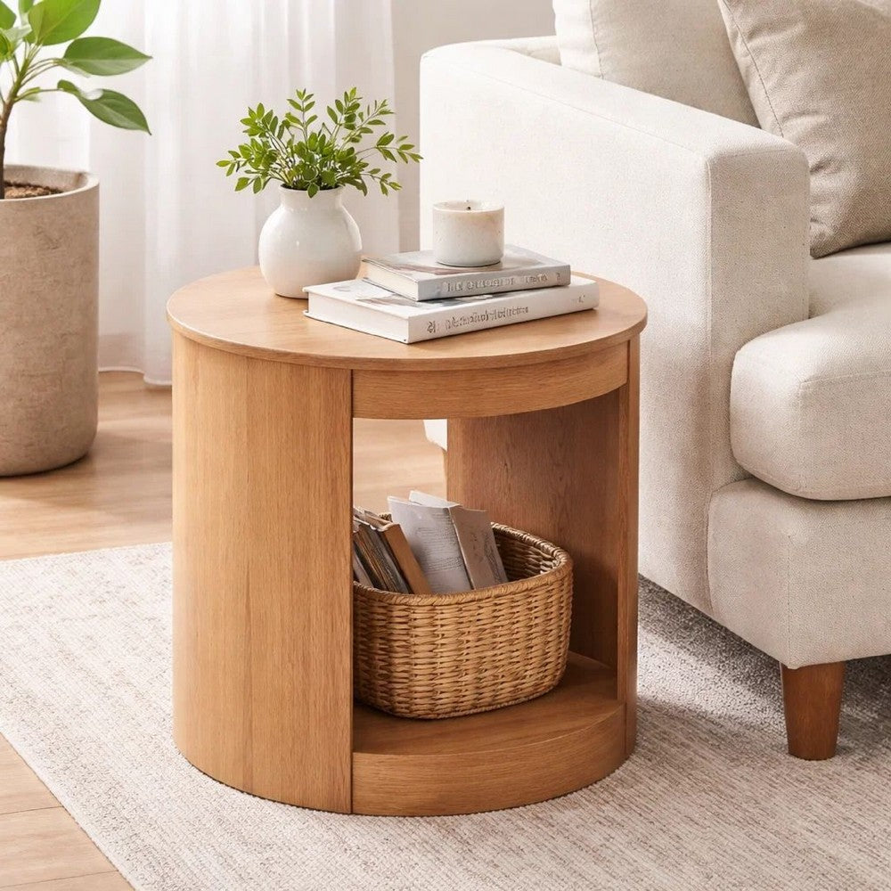 Sery Side End Table, 22 Inch Round Top with Open Lower Shelf, Oak Brown  - BM348740