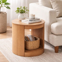 Sery Side End Table, 22 Inch Round Top with Open Lower Shelf, Oak Brown  - BM348740