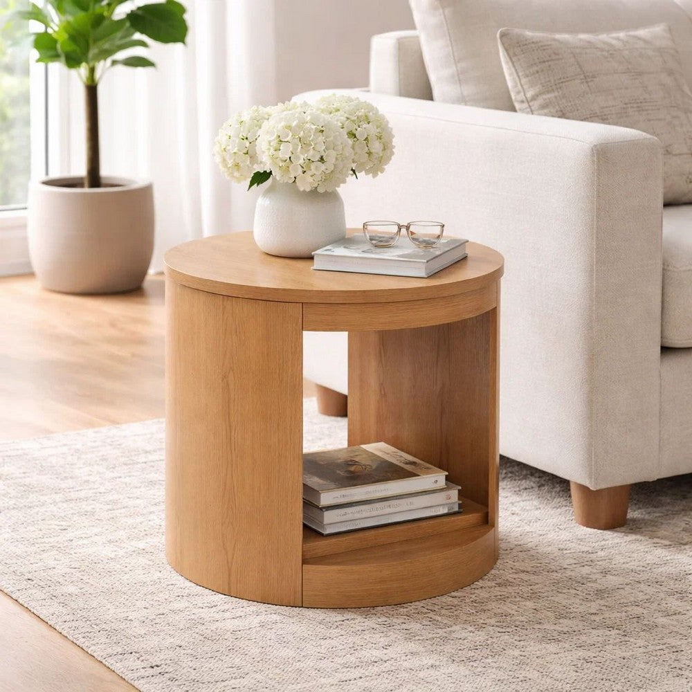 Sery Side End Table, 22 Inch Round Top with Open Lower Shelf, Oak Brown  - BM348740