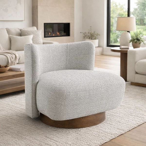 Sely Contemporary Accent Chair, Gray Tweed Fabric Curved Back, Round Base - BM348742