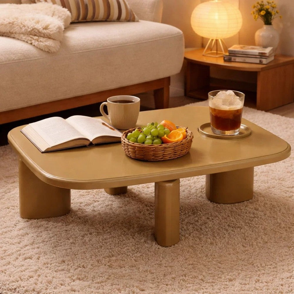 Jeny Coffee Table, 35 Inch Square Top with Rounded Corners, Yellow Brown - BM348748
