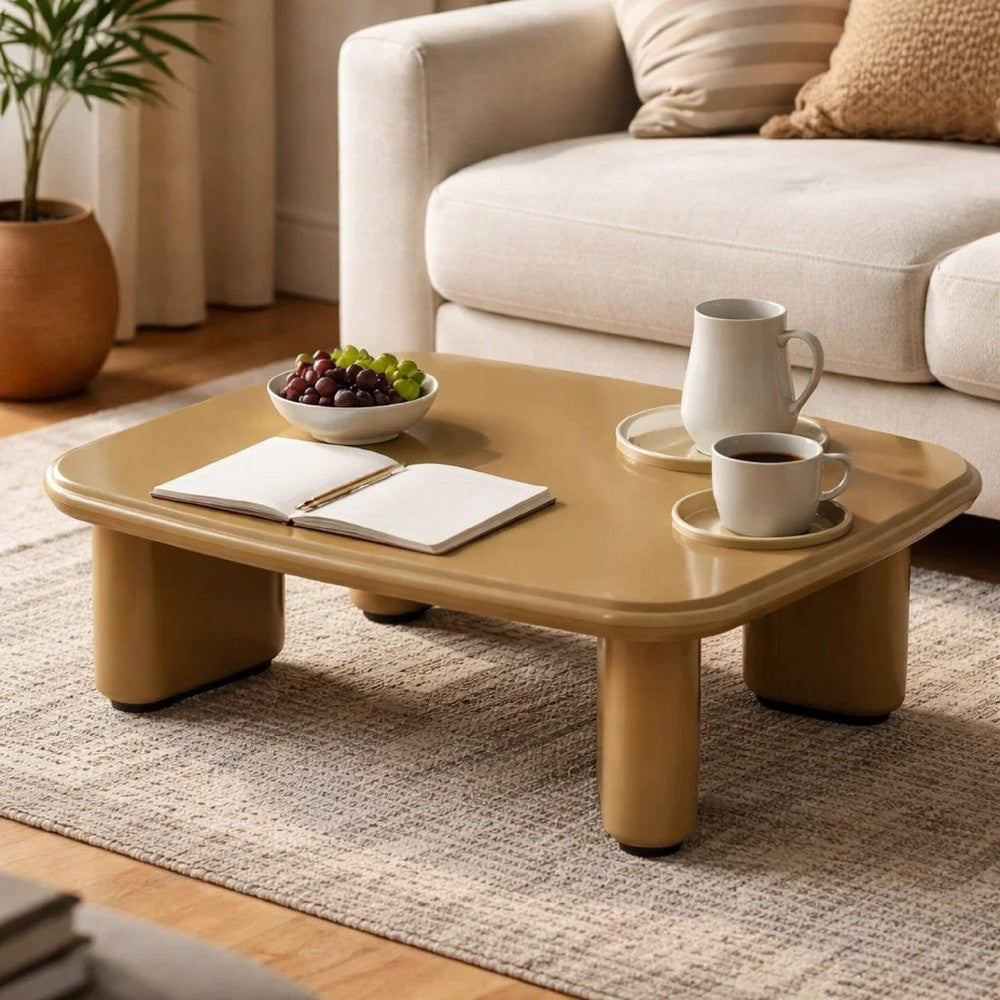 Jeny Coffee Table, 35 Inch Square Top with Rounded Corners, Yellow Brown - BM348748