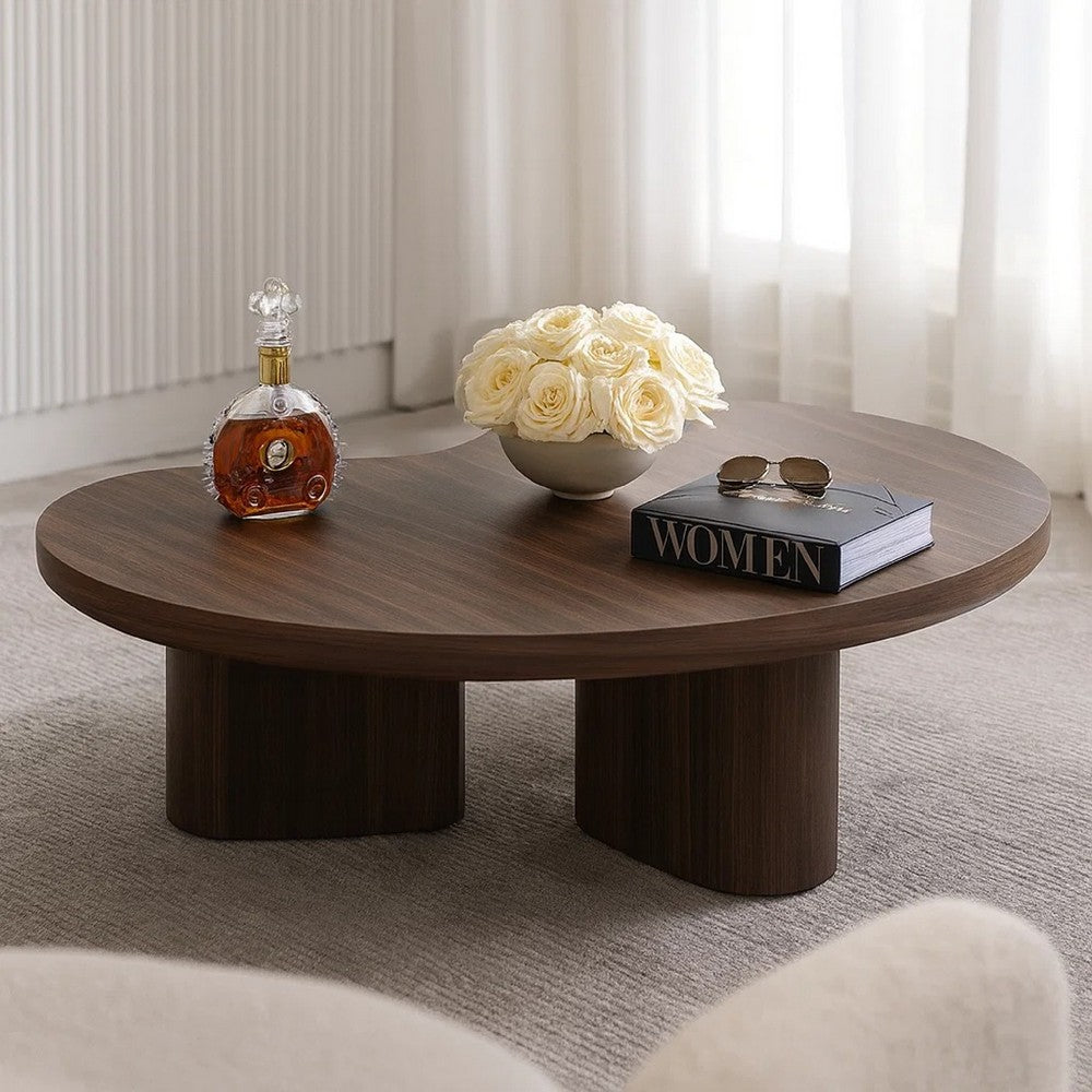 Yex Coffee Table, 35 Inch Curved Top with Pedestal Legs, Smoked Oak Brown - BM348750