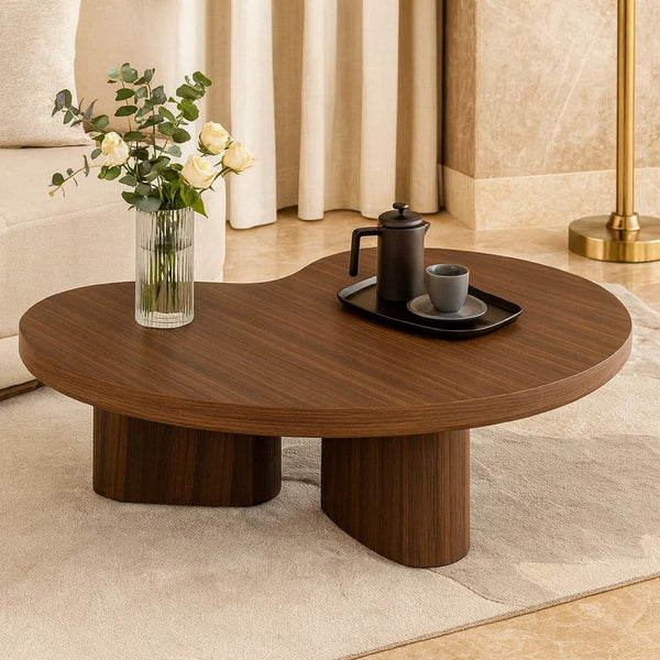 Yex Coffee Table, 35 Inch Curved Top with Pedestal Legs, Smoked Oak Brown - BM348750