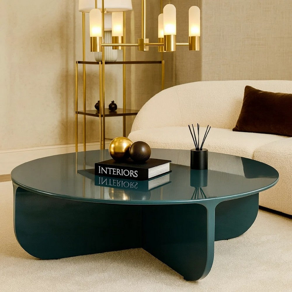 Lemy Coffee Table. 39 Inch Round Top with Pedestal Base, Teal Blue Wood - BM348751