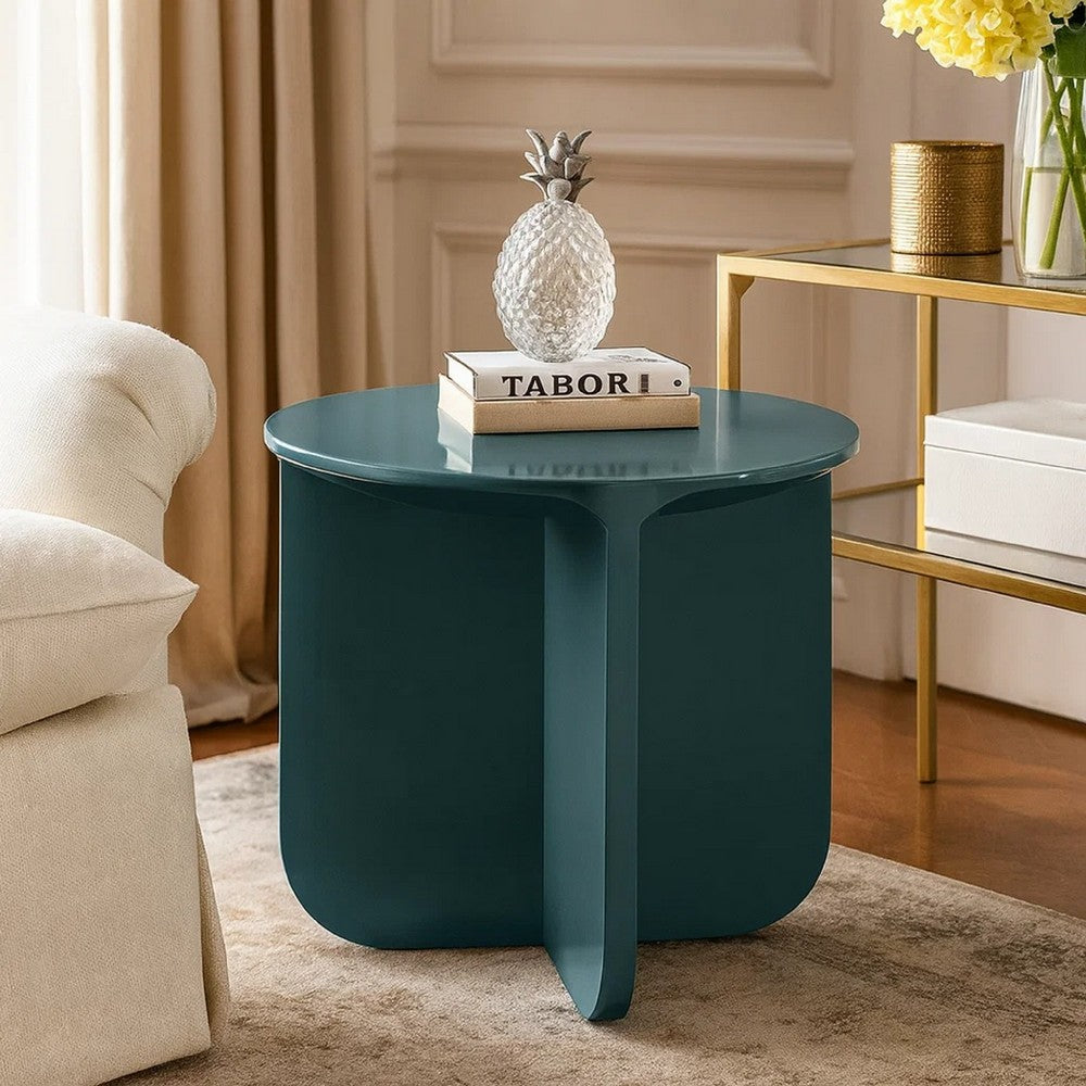 Lemy Side End Table. 20 Inch Round Top with Pedestal Base, Teal Blue Wood - BM348752