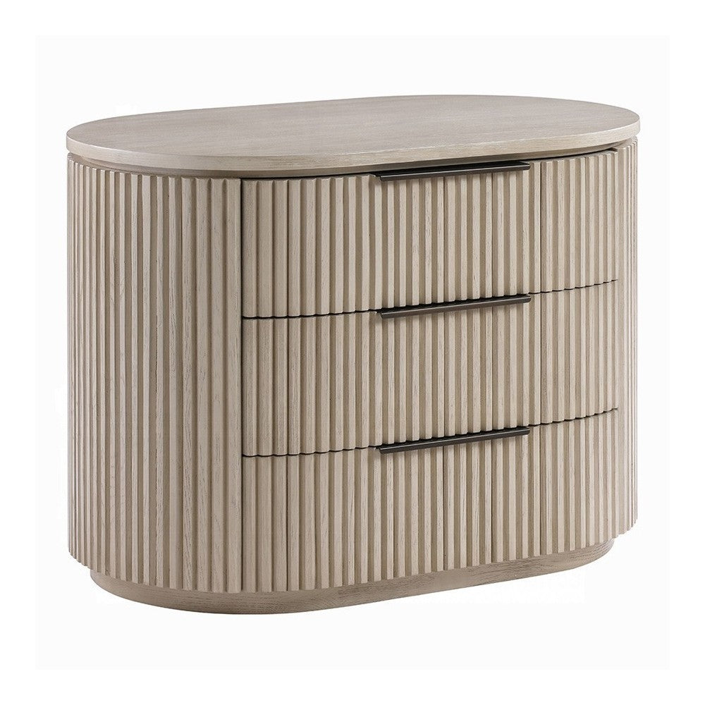 Dery Nightstand with USB Ports, 3 Ribbed Front Drawers, Light Oak Brown - BM348753