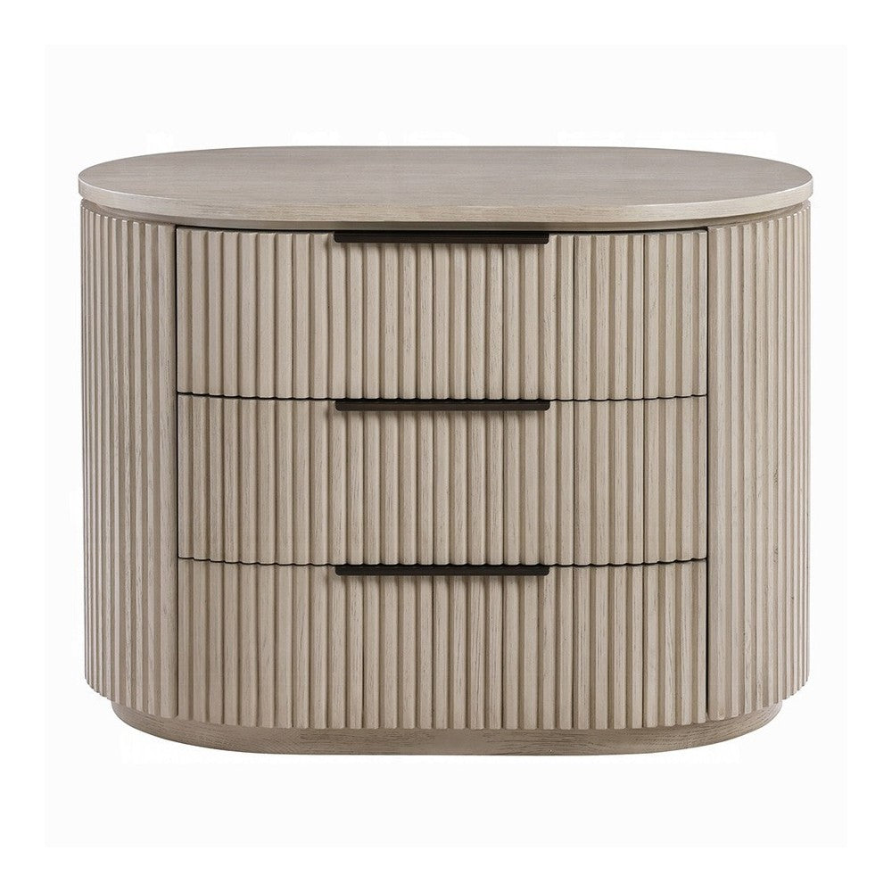 Dery Nightstand with USB Ports, 3 Ribbed Front Drawers, Light Oak Brown - BM348753