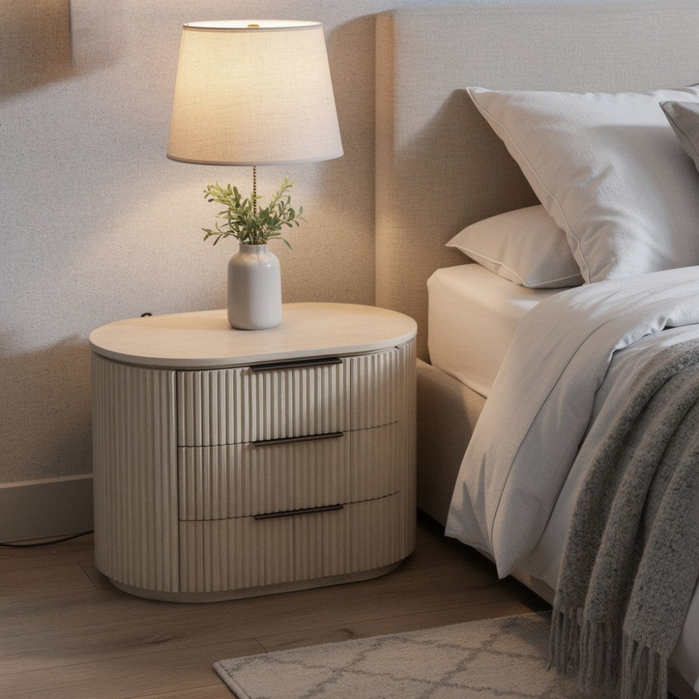 Dery Nightstand with USB Ports, 3 Ribbed Front Drawers, Light Oak Brown - BM348753