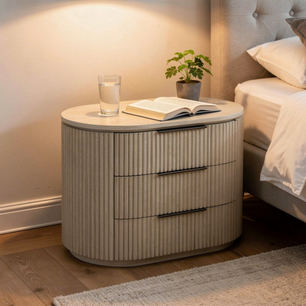Dery Nightstand with USB Ports, 3 Ribbed Front Drawers, Light Oak Brown - BM348753