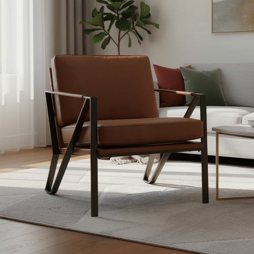 Gery Accent Chair, Caramel Brown Top Grain Leather, Bronze Metal Frame - BM348760