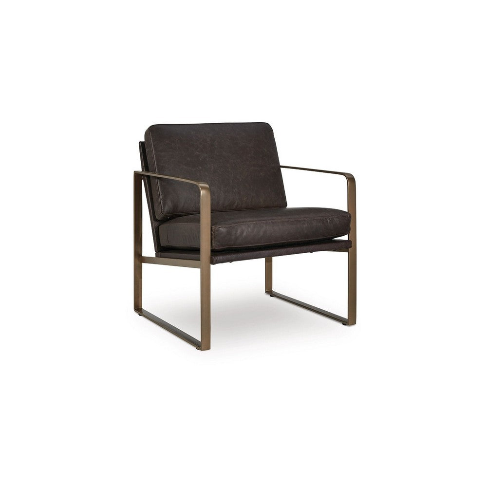 Bary Accent Chair, Dark Brown Top Grain Leather Cushions, Gold Metal  - BM348761