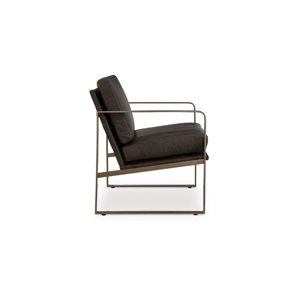 Bary Accent Chair, Dark Brown Top Grain Leather Cushions, Gold Metal  - BM348761
