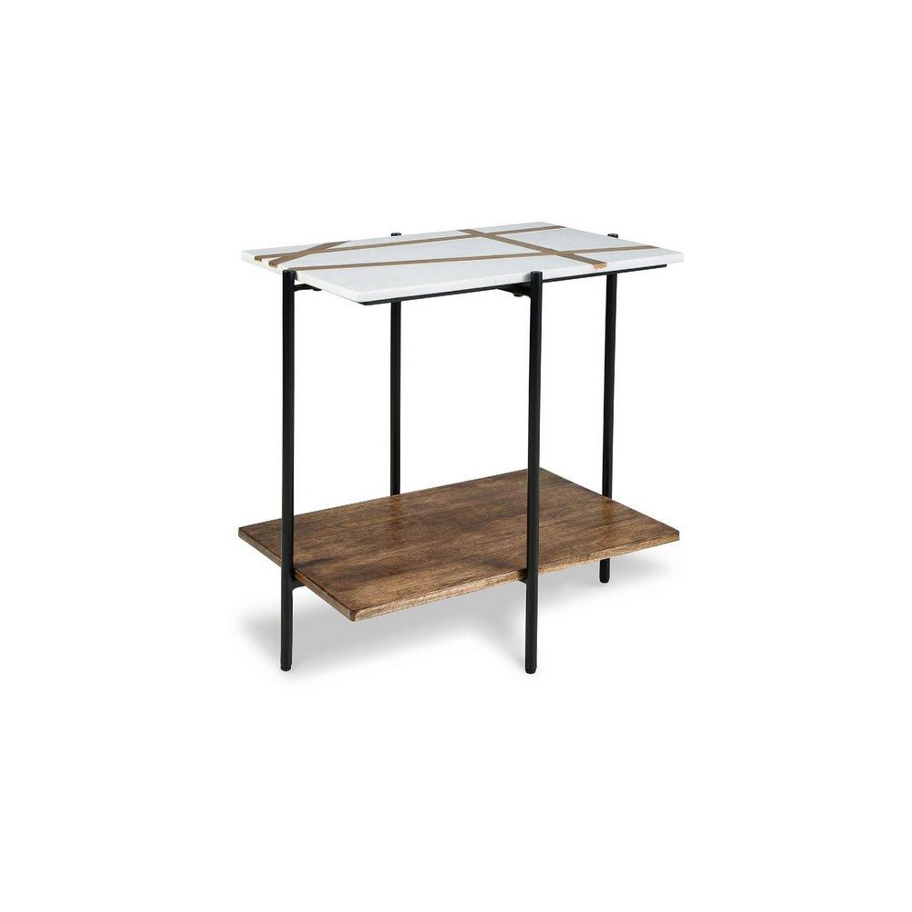 Broy Accent Table, 22 Inch White Marble Top with Wood Inlay, Lower Shelf - BM348763